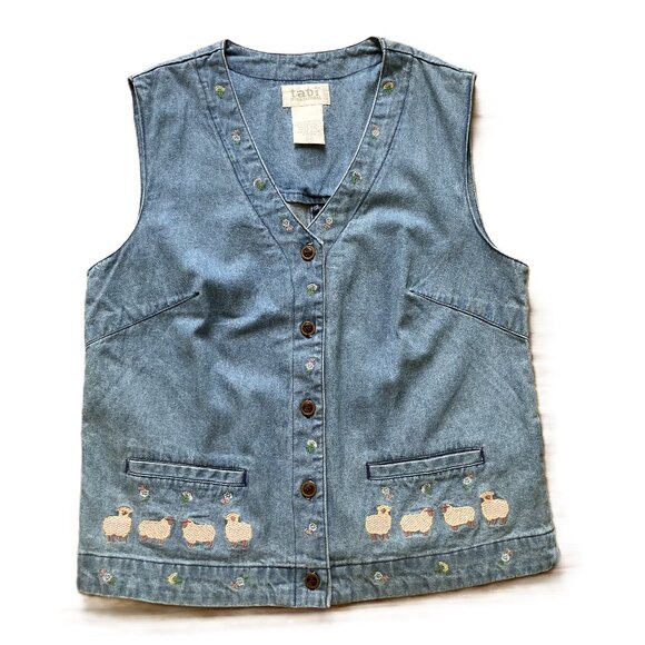 Tabi Chambray Denim Vest Top w/ Pockets Pink Sheep Embroidery Women's Size Small - Picture 1 of 6